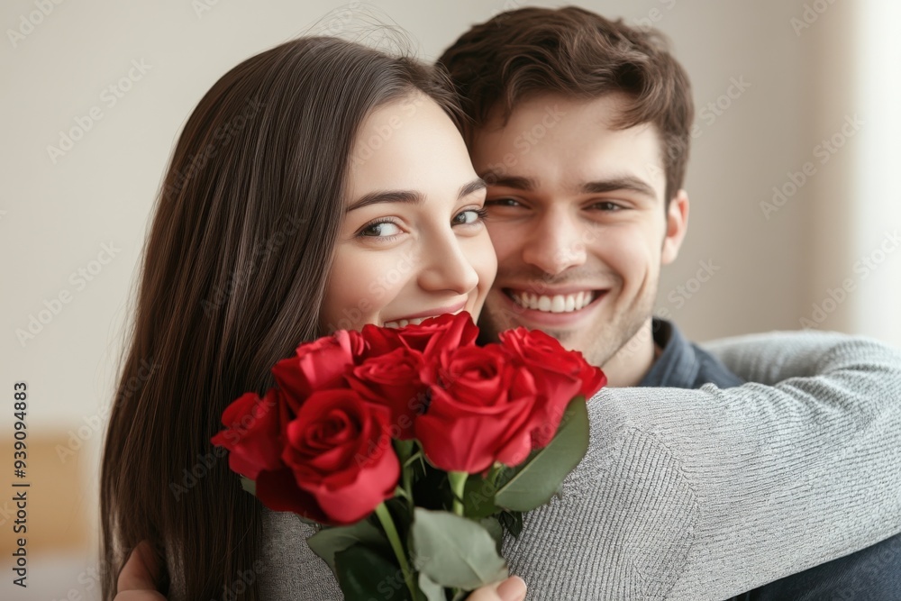 A young woman holding red roses and embracing a smiling man at home, a happy couple celebrating Valentine's Day together in a romantic mood. A young woman holding red roses and embracing a smiling man at home, a happy couple celebrating Valentine's Day together in a romantic mood.