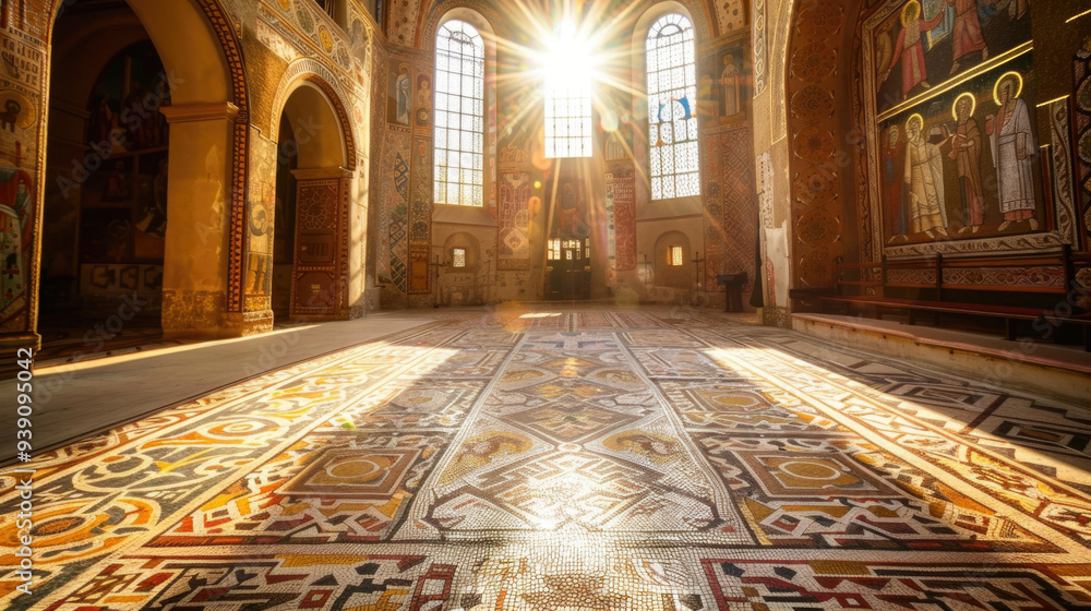 Obraz premium Sunlight Streaming Through Stained Glass Windows in Ornate Historic Church Interior with Mosaic Floor