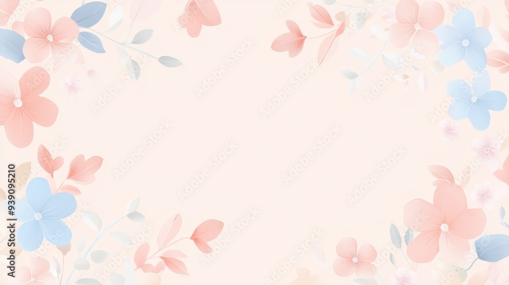 Obraz premium Soft pastel flower background with delicate petals and leaves framing a blank space, perfect for invitations or greeting cards.
