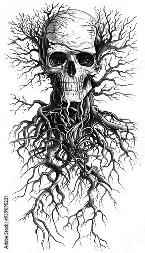 Tribal Skull and Tree Roots Tattoo black and white illustration