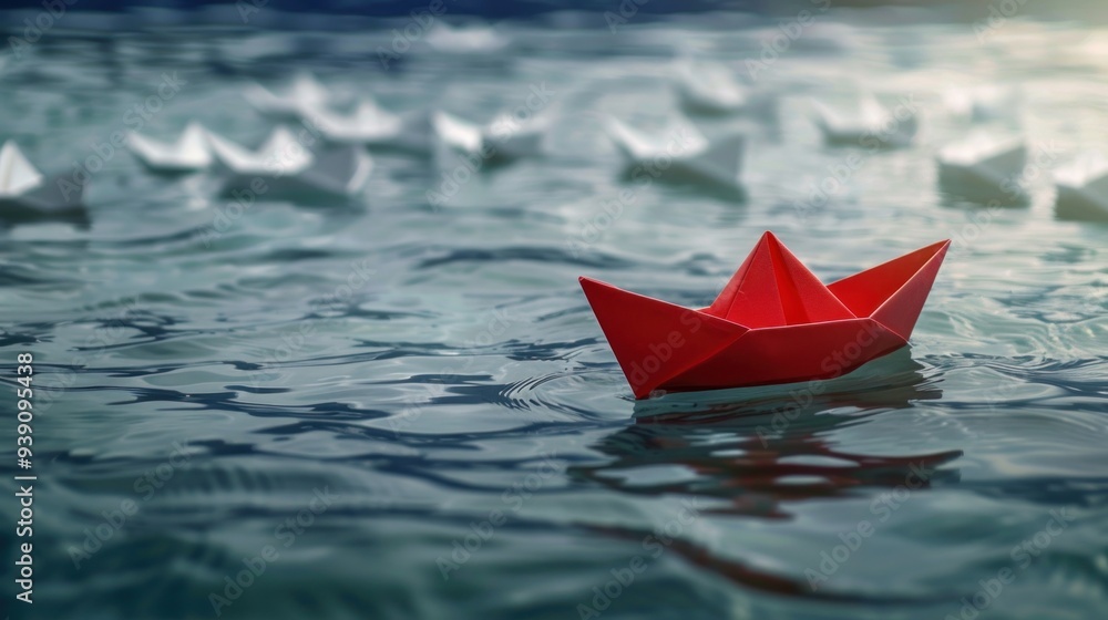 A red paper boat leading a fleet of white paper boats, symbolizing leadership and direction A red paper boat leading a fleet of white paper boats, symbolizing leadership and direction