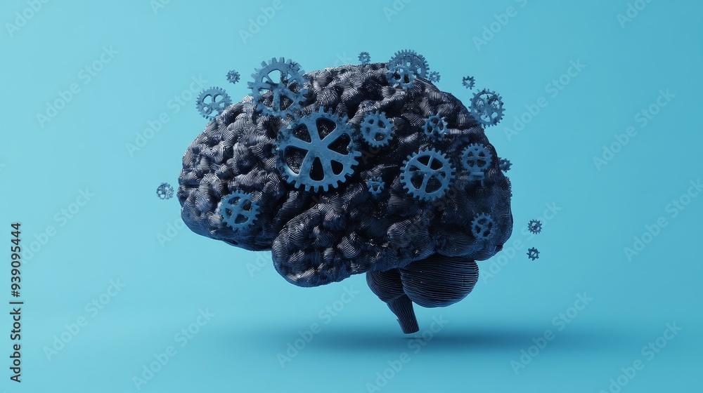Blue brain with mechanical gears floating in air representing concept of artificial intelligence and cognitive processes Blue brain with mechanical gears floating in air representing concept of artificial intelligence and cognitive processes