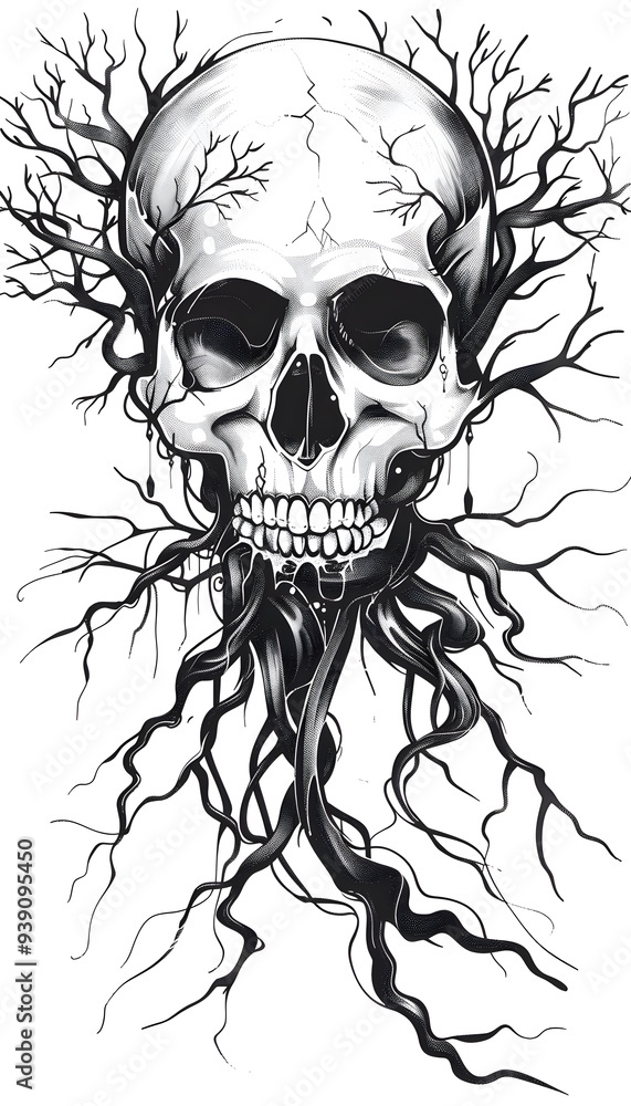 Obraz premium Tribal Skull and Tree Roots Tattoo black and white illustration