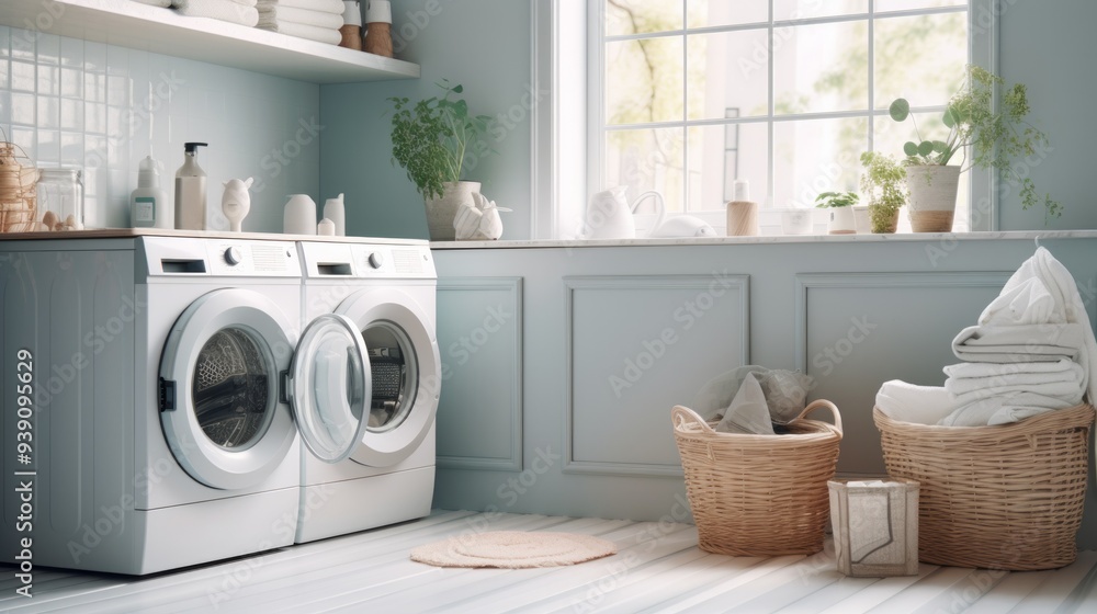 Interior of stylish kitchen with modern washing machines. Neural network ai generated art Interior of stylish kitchen with modern washing machines. Neural network ai generated art