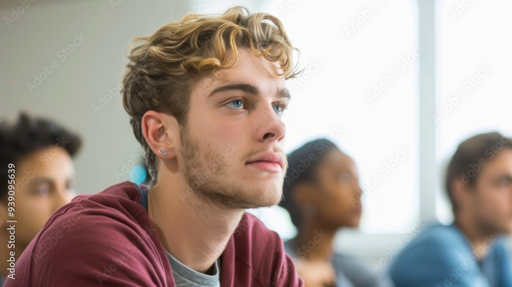 A male college student participating in a classroom discussion A male college student participating in a classroom discussion