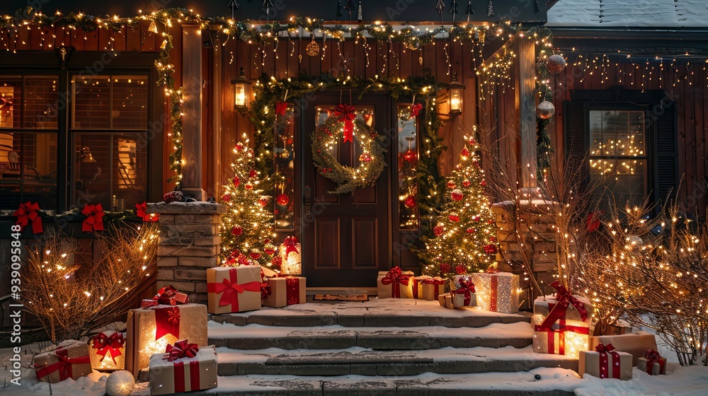 Obraz premium Outdoor Christmas Decor featuring Tree Gifts and Festive Illumination