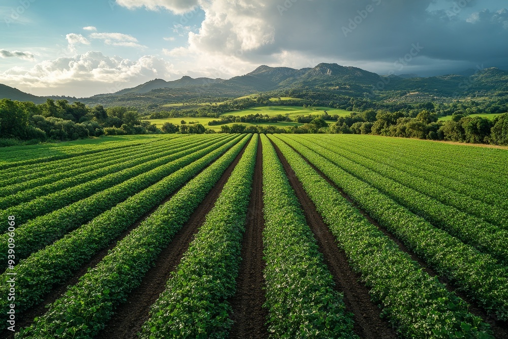 Drones flying over expansive farmland. Generative AI Drones flying over expansive farmland. Generative AI