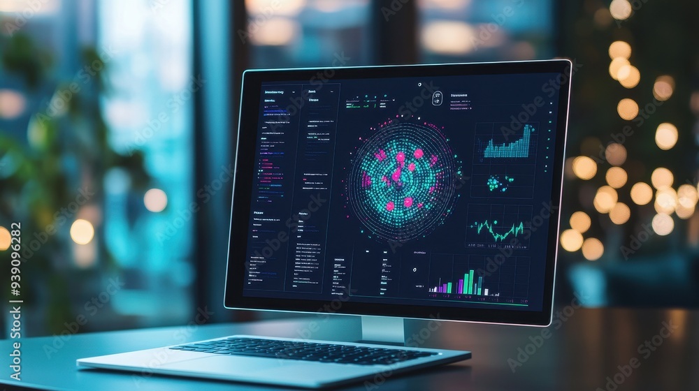 Modern computer displaying data analysis and digital charts in a professional setting, illuminated by soft evening light in a blurred background. Modern computer displaying data analysis and digital charts in a professional setting, illuminated by soft evening light in a blurred background.