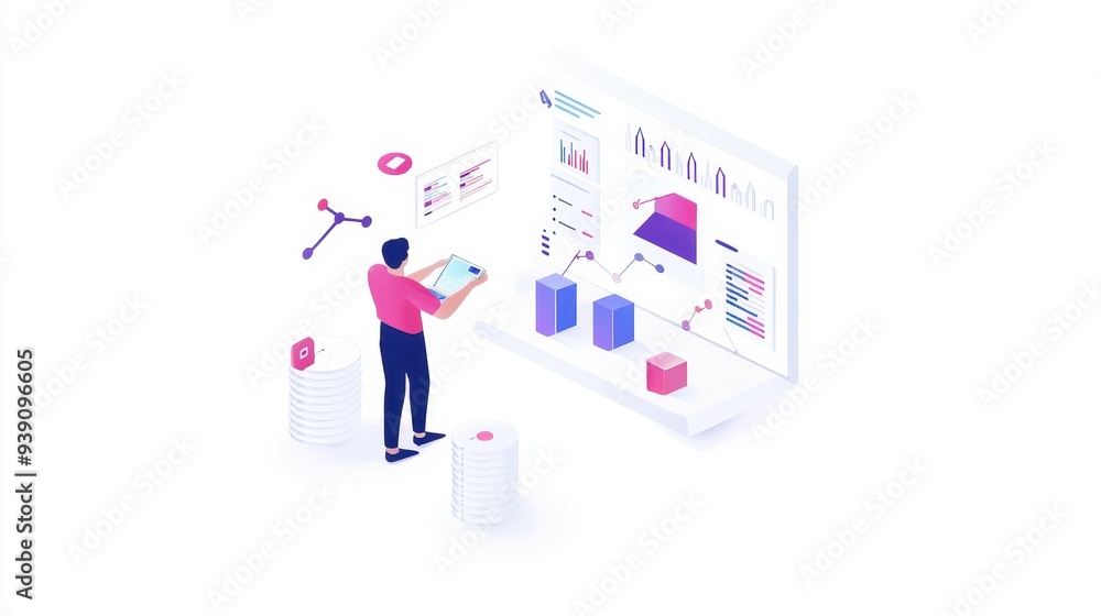 Isometric illustration of a person analyzing data on a futuristic digital interface, representing data science and technology. Isometric illustration of a person analyzing data on a futuristic digital interface, representing data science and technology.