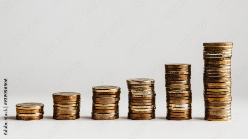 Creative bar chart with bars made of stacked coins, representing financial growth, white background Creative bar chart with bars made of stacked coins, representing financial growth, white background