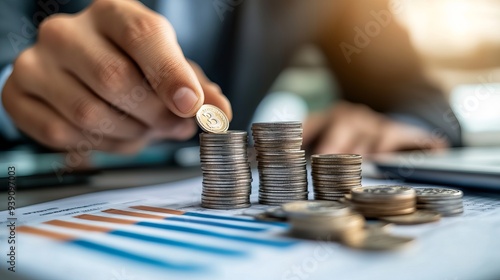 A business accountant or banker possibly a businessman is calculating and analyzing stock financial indices while wisely and carefully stacking coins symbolizing financial growth