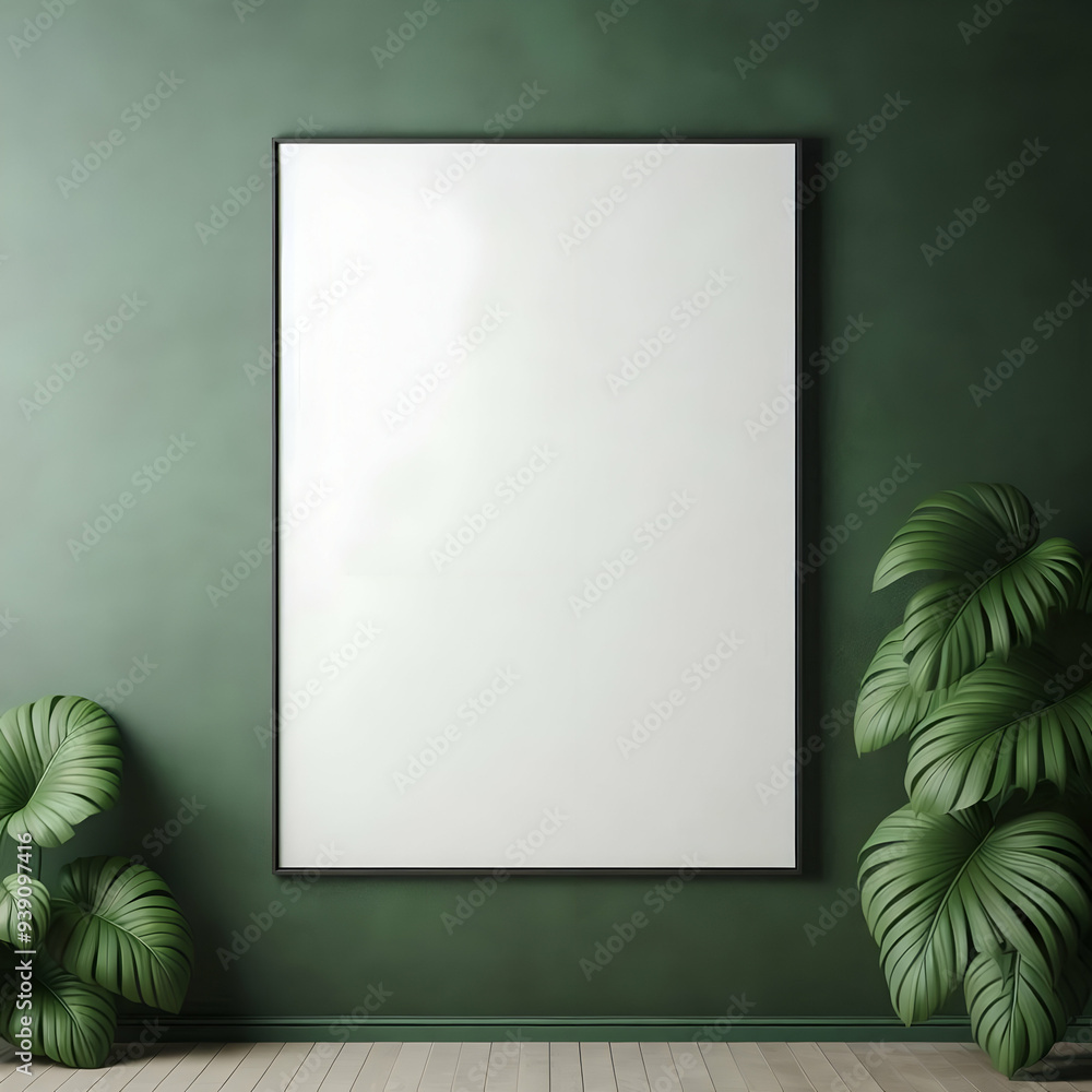 Mockup poster frame close up on wall with cozy decor dark green interior background , 3d render Mockup poster frame close up on wall with cozy decor dark green interior background , 3d render