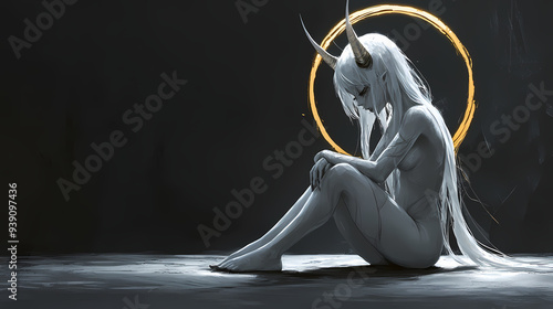 Anime Style White-Haired Demon Girl with Horns and Halo, Detailed Character Design in Mystical and Ethereal Setting, Fantasy Anime Artwork photo