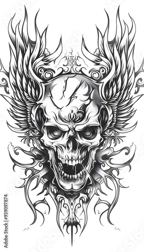 Tribal Skull and Wings Tattoo black and white illustration