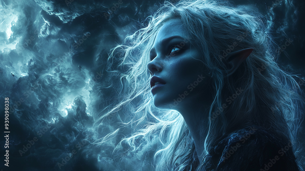 close-up of an elven woman gazing into the storm, her hair billowing in the wind, capturing the intensity and beauty of the moment close-up of an elven woman gazing into the storm, her hair billowing in the wind, capturing the intensity and beauty of the moment