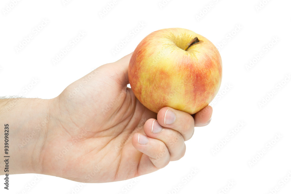 Male hand holding apple isolated on white background Male hand holding apple isolated on white background
