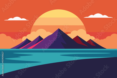 Serene mountain and beach sunset on white background silhouette vector illustration