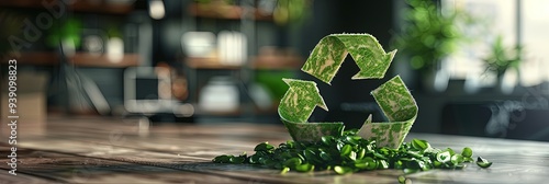 A green recycling symbol displayed in a contemporary office setting, surrounded by plants and modern furniture, conveying themes of eco-consciousness and sustainable design. photo