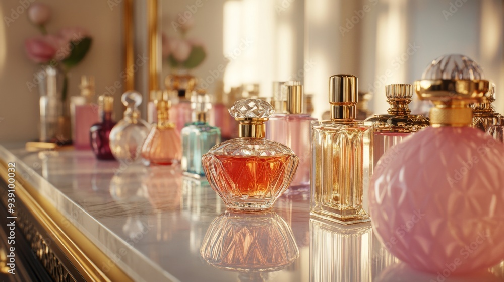 Detailed shot of a collection of high-end perfume bottles on a vanity table, showcasing various shapes and colors Detailed shot of a collection of high-end perfume bottles on a vanity table, showcasing various shapes and colors