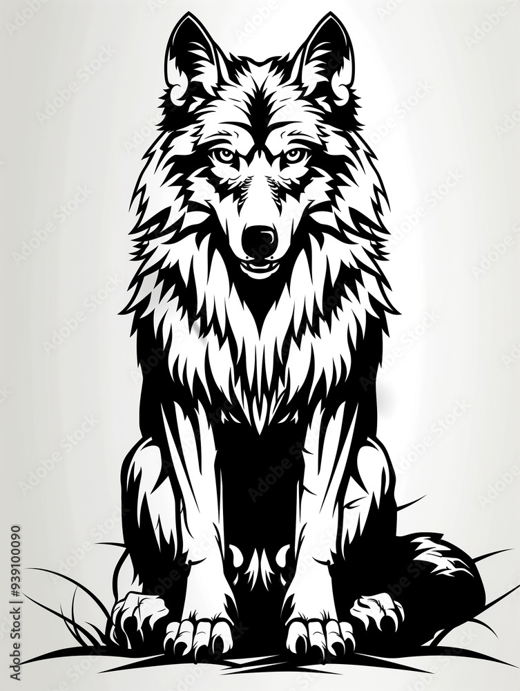 Fototapeta premium A black and white drawing of a wolf sitting on the ground. The wolf has a fierce expression on its face and its fur is long and fluffy. Concept of strength and power, as well as a wild