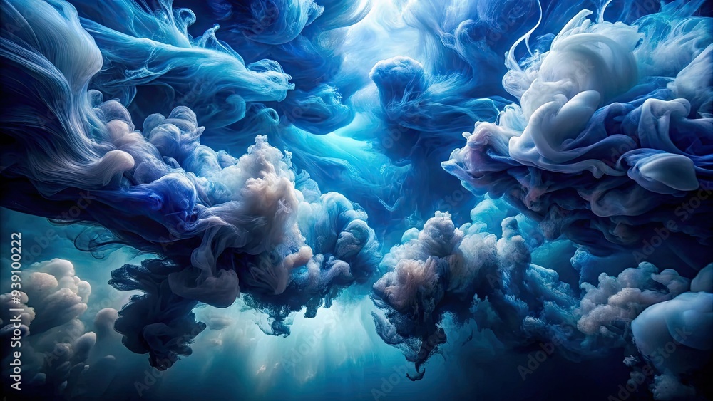 Dark blue ink clouds swirl and dance in mesmerizing patterns underwater, creating an abstract, dreamlike scene with soft, feathery edges and subtle shimmering highlights. Dark blue ink clouds swirl and dance in mesmerizing patterns underwater, creating an abstract, dreamlike scene with soft, feathery edges and subtle shimmering highlights.