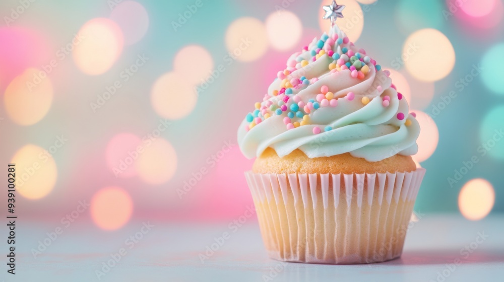 Detailed shot of a cupcake with piped frosting and a decorative topper, set on a bright, festive background Detailed shot of a cupcake with piped frosting and a decorative topper, set on a bright, festive background