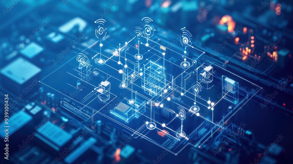 Digital network interface with data transmission visualization. Concept of modern technology and futuristic communication. Digital network interface with data transmission visualization. Concept of modern technology and futuristic communication.