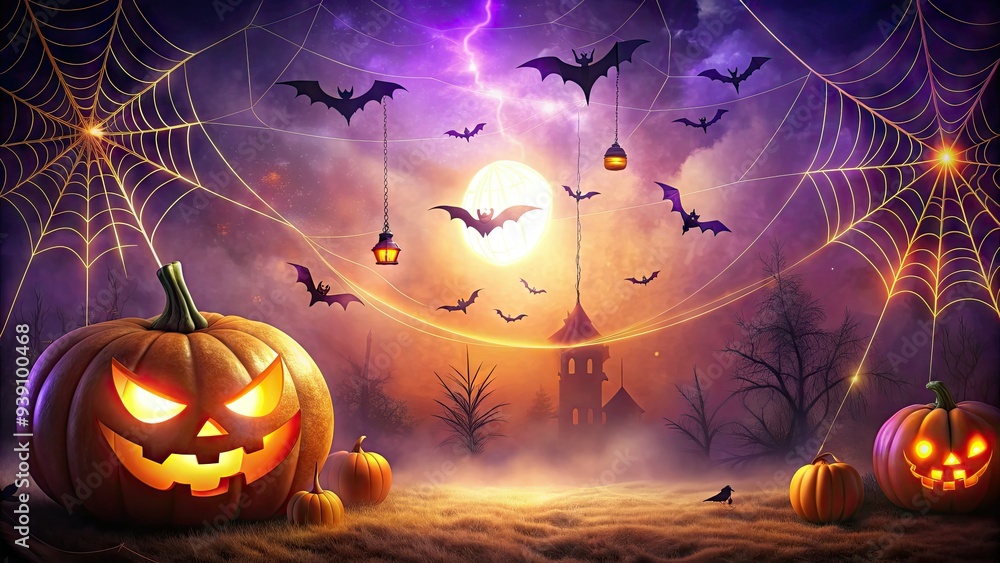 Dark purple and orange spooky Halloween background with glowing jack-o ...