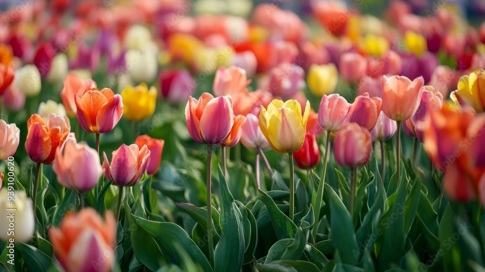 Detailed shot of a field of tulips in various colors, creating a picturesque and lively floral landscape Detailed shot of a field of tulips in various colors, creating a picturesque and lively floral landscape