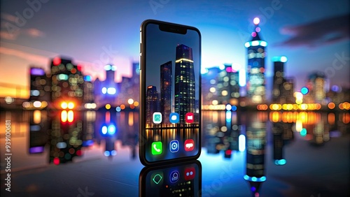 Dark smartphone screen displaying a social media app with a black interface, surrounded by dark shadows and neon cityscape reflections at night. photo