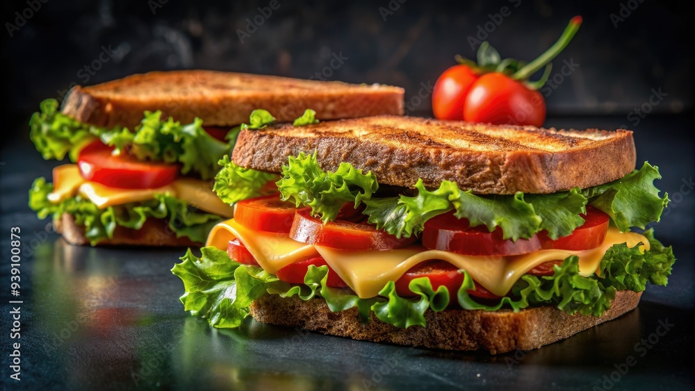 Darkly toasted bread halves held together by crispy lettuce, juicy tomato, and melted cheese, set against a stark black background, tempting the viewer. Darkly toasted bread halves held together by crispy lettuce, juicy tomato, and melted cheese, set against a stark black background, tempting the viewer.