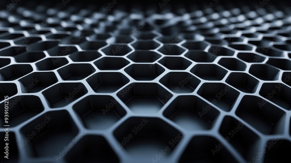 Naklejka premium Close-up of hexagonal patterns creating a futuristic, abstract texture with a dark, metallic feel, perfect for backgrounds and design concepts.