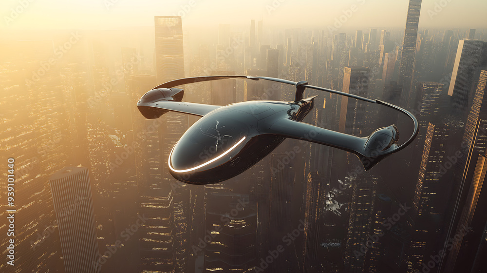 Futuristic Photorealistic Flying Taxi Soaring Above a Modern Cityscape, Revolutionizing Urban Transportation with Vertical Takeoff and Landing Futuristic Photorealistic Flying Taxi Soaring Above a Modern Cityscape, Revolutionizing Urban Transportation with Vertical Takeoff and Landing