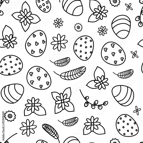 Linear seamless background of Easter eggs and flowers and pussy willow