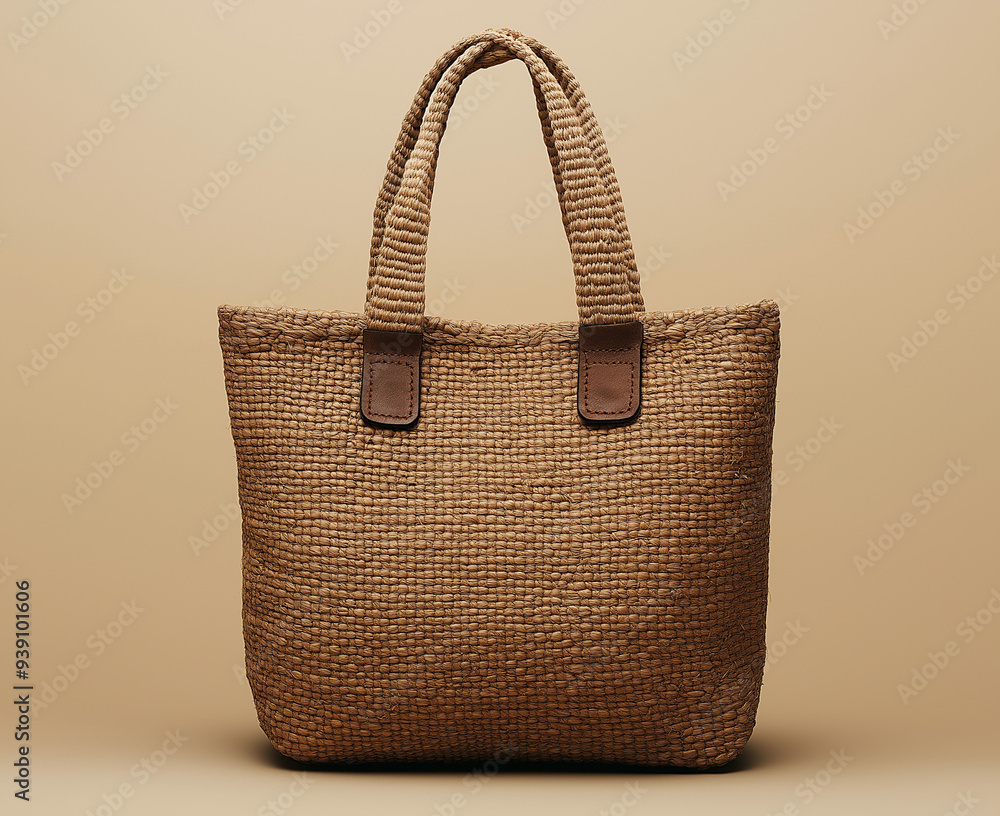 Jute tote bag mockup top view, isolated on a beige background Jute tote bag mockup top view, isolated on a beige background