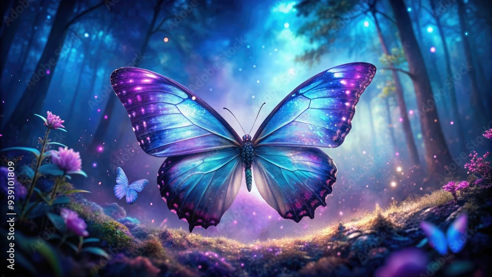 Delicate, iridescent wings of a butterfly shimmer in vibrant shades of purple and blue, illuminated by an ethereal ultraviolet light in a mystical forest atmosphere. Delicate, iridescent wings of a butterfly shimmer in vibrant shades of purple and blue, illuminated by an ethereal ultraviolet light in a mystical forest atmosphere.