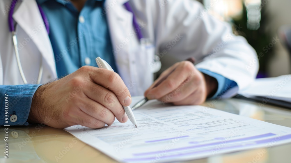 A young adult filling out medical forms in a doctor's office A young adult filling out medical forms in a doctor's office