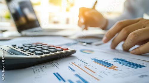 Auditor and accountant team collaborating in an office analyzing financial data and accounting records with a calculator The accounting firm offers financial and tax planning services for