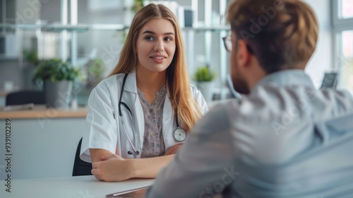 A young adult discussing symptoms with a doctor during a consultation