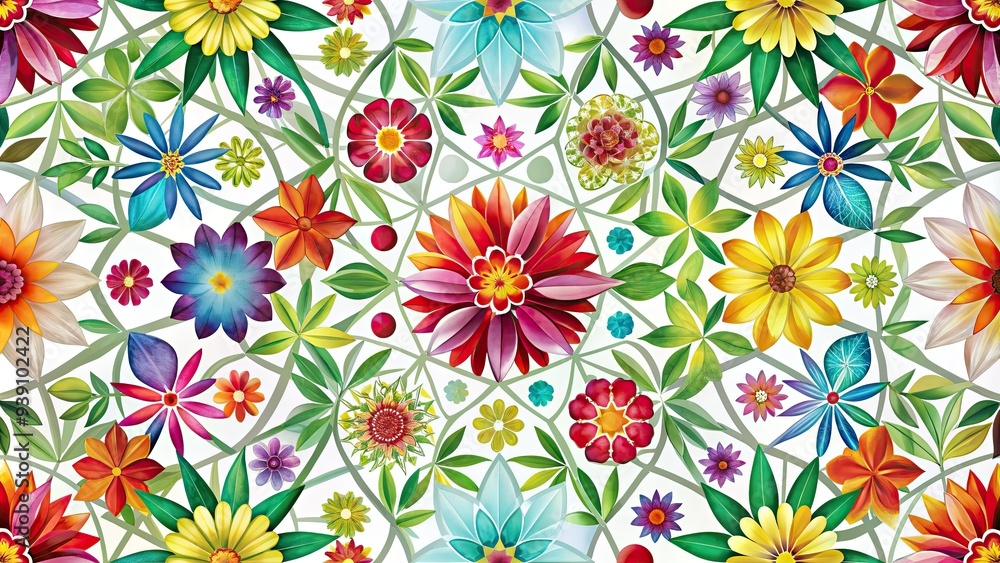 custom made wallpaper toronto digitalDelicate flowers bloom in vibrant colors within a geometric stencil pattern, creating a beautiful contrast between organic and abstract elements on a white background.