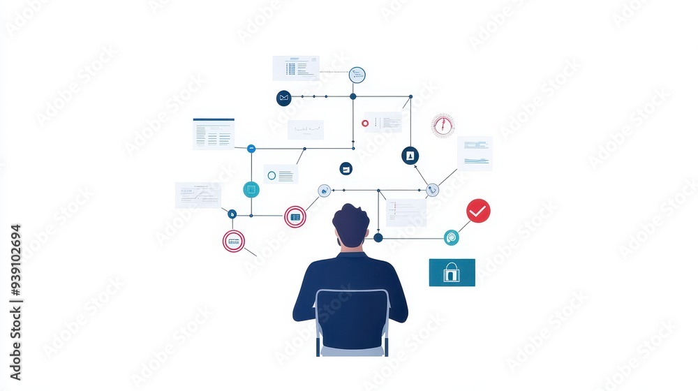 Back view of a man analyzing data flow and network connections concept on a white background, representing technology and information systems. Back view of a man analyzing data flow and network connections concept on a white background, representing technology and information systems.