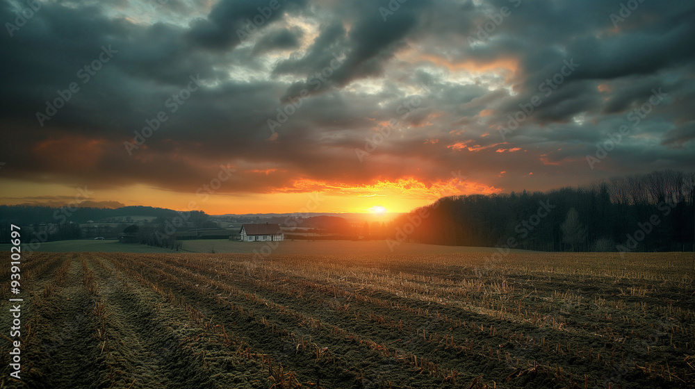 Sunset over a freshly plowed field in a tranquil rural landscape. Sunset over a freshly plowed field in a tranquil rural landscape.