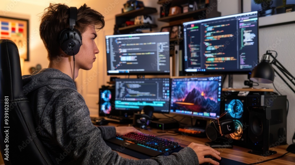 A young adult coding on a computer with multiple monitors in a tech setup A young adult coding on a computer with multiple monitors in a tech setup