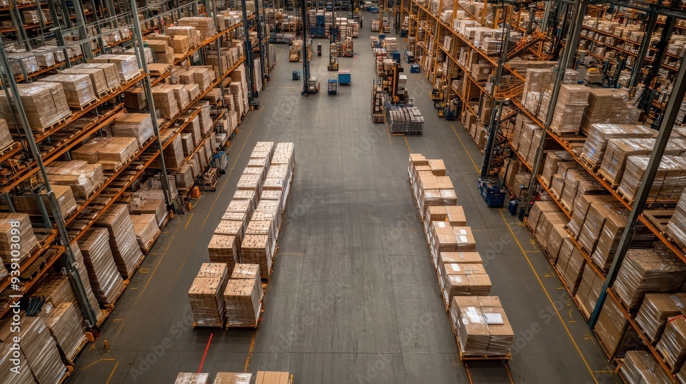 Aerial view of a busy, organized warehouse filled with shelves and pallets, representing logistics, storage, and supply chain management. Aerial view of a busy, organized warehouse filled with shelves and pallets, representing logistics, storage, and supply chain management.