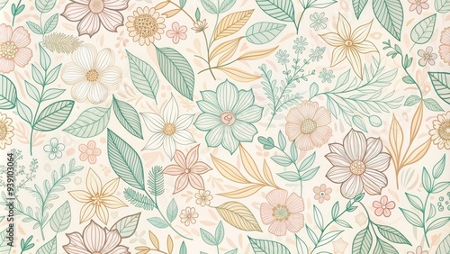 Wallpaper Mural Delicate outline of intricate flowers and leaves in soft pastel colors forms a beautiful seamless pattern, perfect for backgrounds and designs. Torontodigital.ca