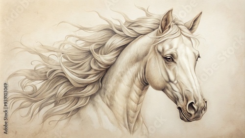 Delicate pencil sketch of a majestic horse's head, showcasing intricate details and textures, set against a soft, creamy white background, evoking a sense of elegance.