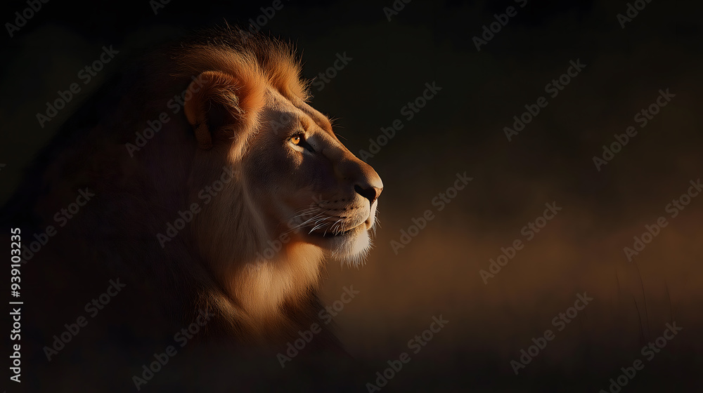 Naklejka premium A Majestic Lion Illuminated in the Night: A Captivating Photo of a Lion Under Soft Lighting, Showcasing the King of the Jungle's Grace and Power in the Darkness