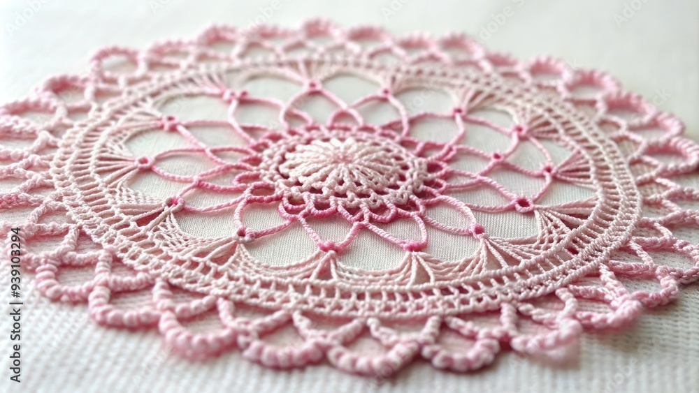 Obraz premium Delicate pink doily with intricate lace details and subtle sheen, resting on a soft, white background, evoking a sense of vintage femininity and elegance.
