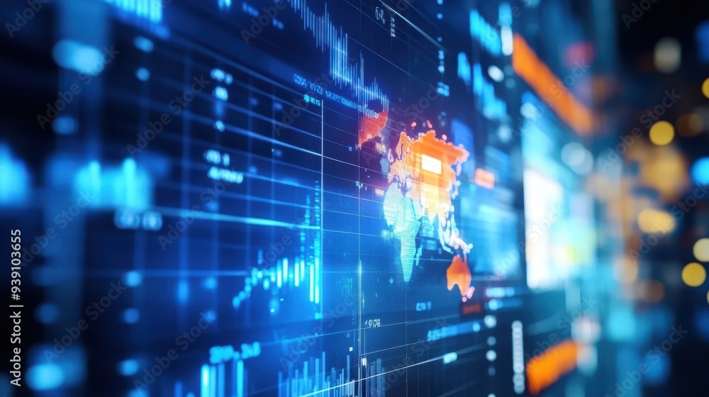 Fototapeta premium Abstract digital world map with data visualization and technology network. Modern global business analysis concept.
