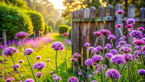 Delicate purple verbena flowers blooming in a lush green garden surrounded by rustic wooden fences and vintage metal garden ornaments on a sunny day. photo